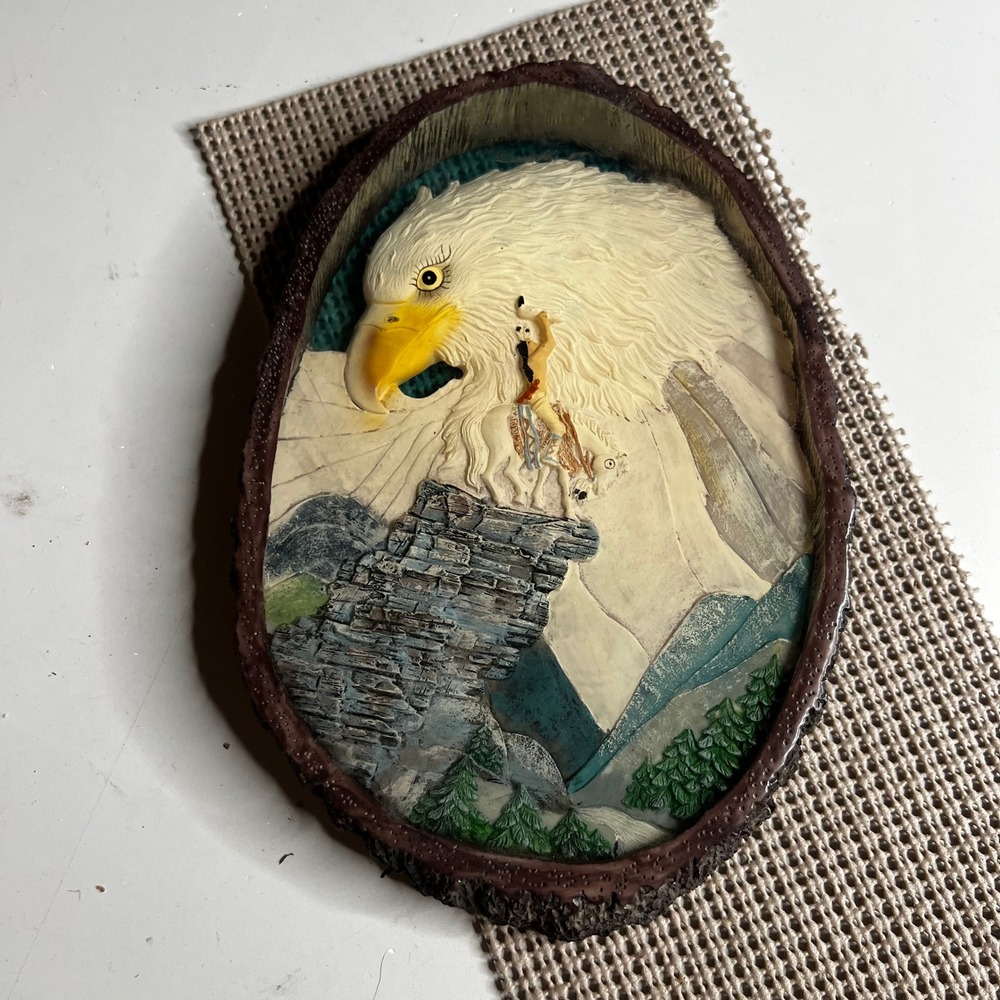 Vintage 3D Resin Bald Eagle Mountain Landscape Indigenous Rider Wall Plaque 8in